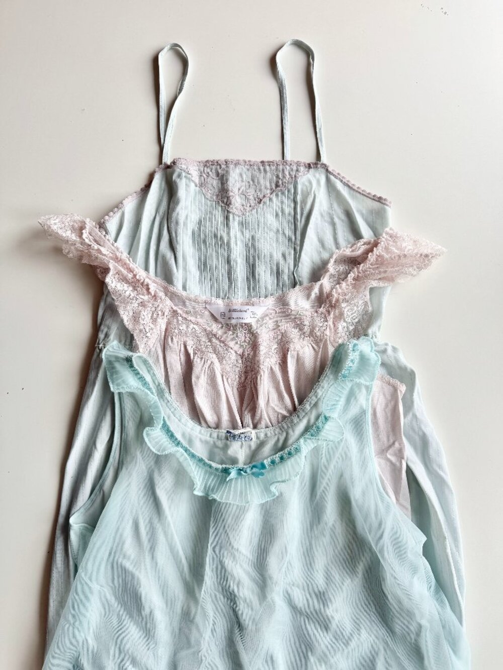 Lot of 3 Vintage ST. MICHAEL Light Pink Turquoise Slips Night Gowns, Size 12